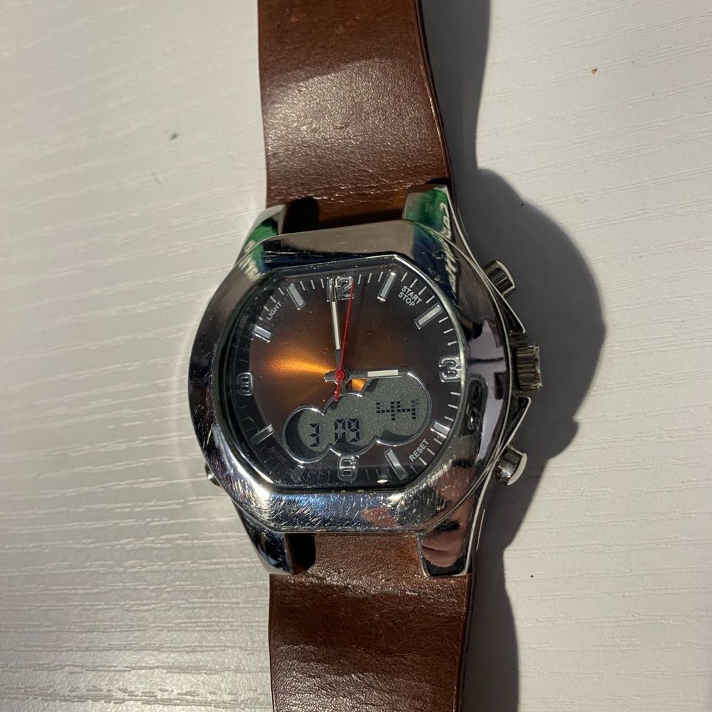 Brown Leather Strap Silver Watch--Analog hands not working